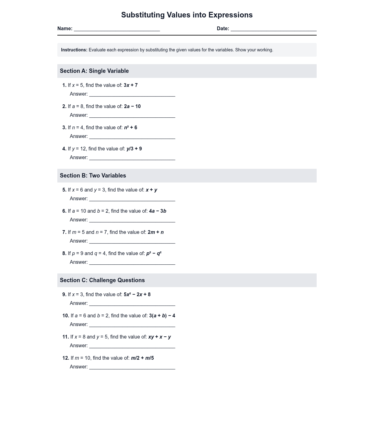 Substituting Values into Expressions