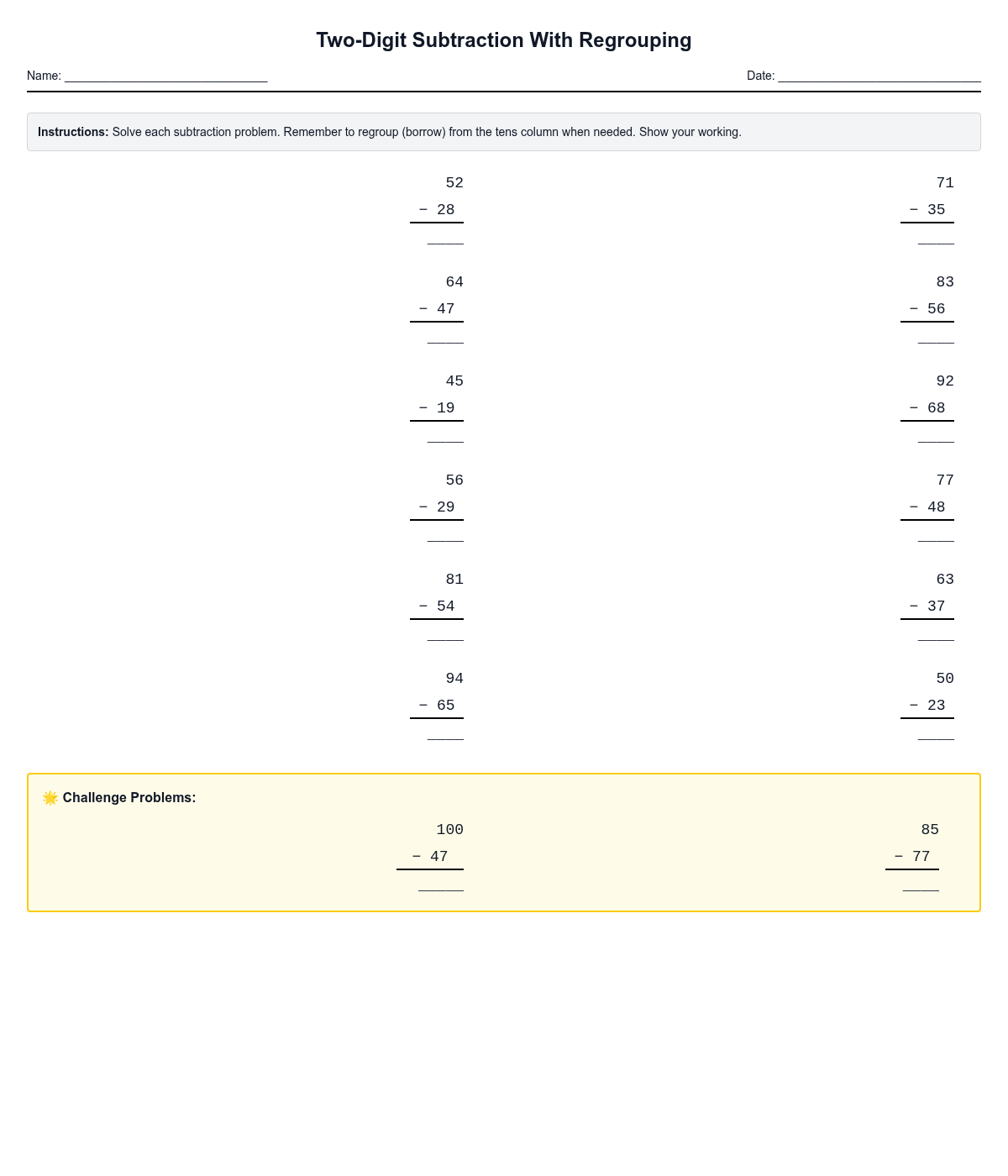 Two-Digit Subtraction With Regrouping