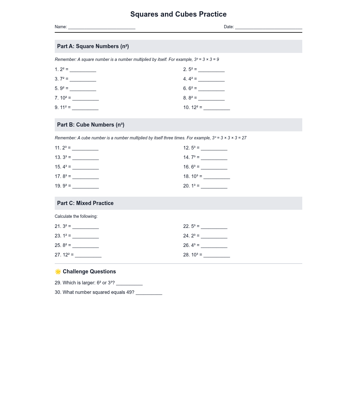 Squares and Cubes Practice