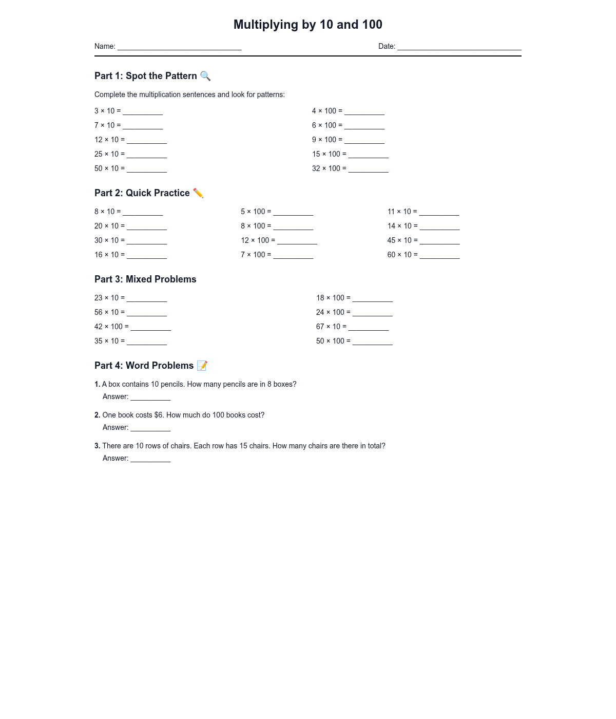 Multiplying by 10 and 100
