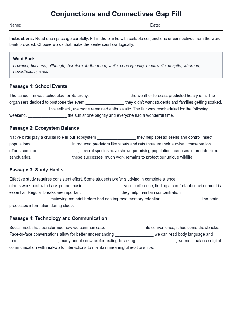 Conjunctions and Connectives Gap Fill