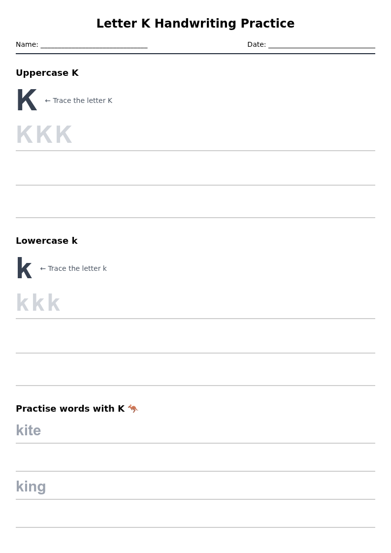 Letter K Handwriting Practice