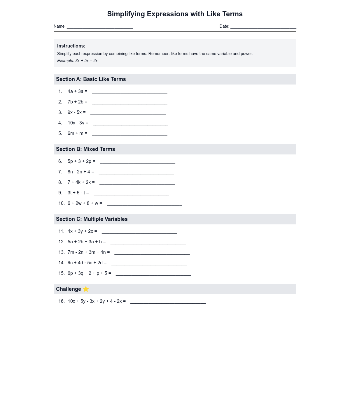 Simplifying Expressions with Like Terms