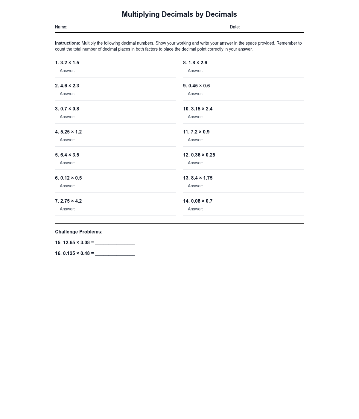 Multiplying Decimals by Decimals