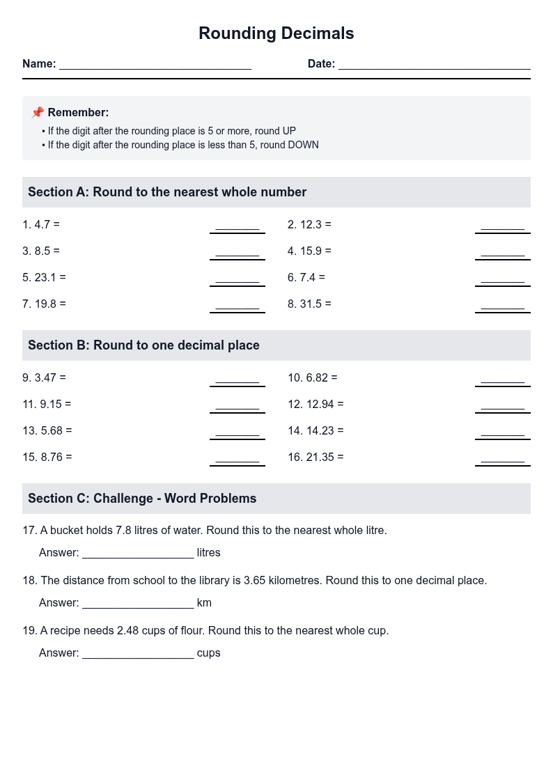 Rounding Decimals to Nearest Whole Number