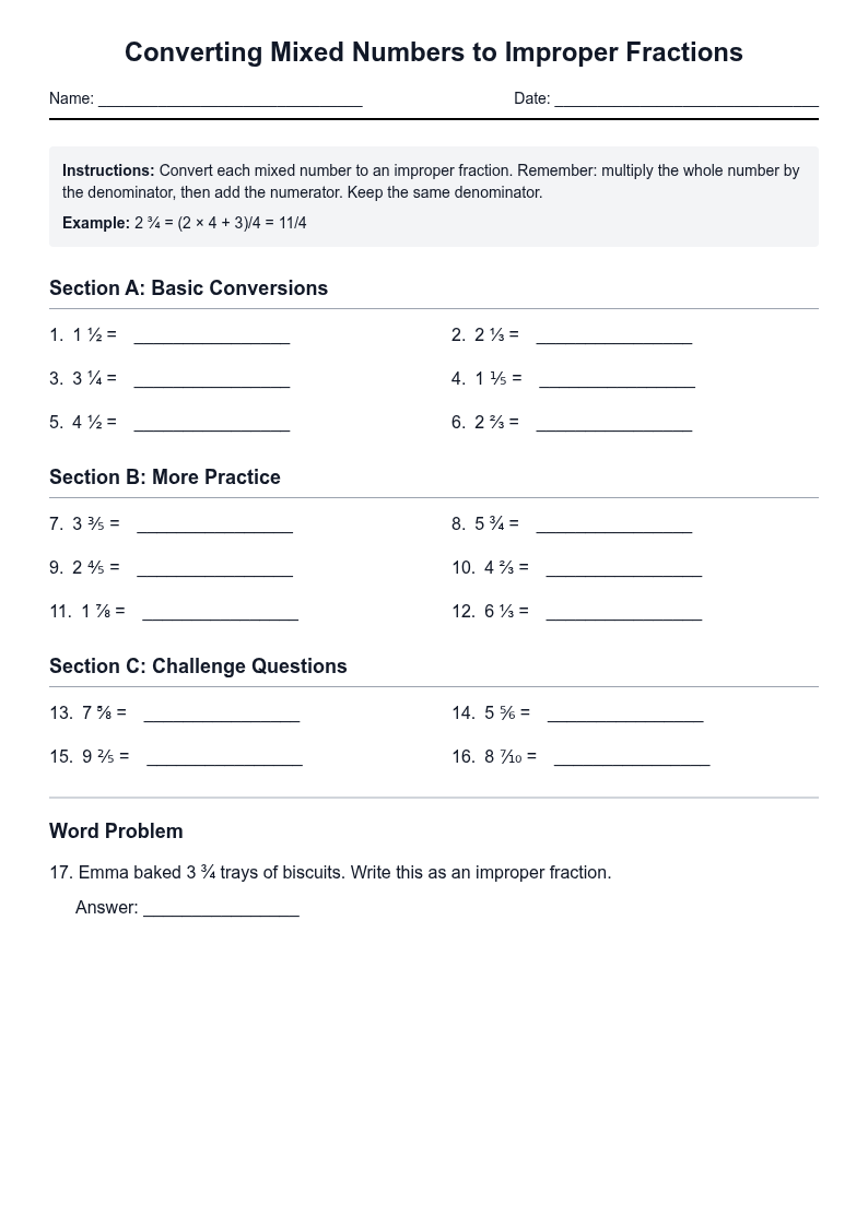 Converting Mixed Numbers to Improper Fractions