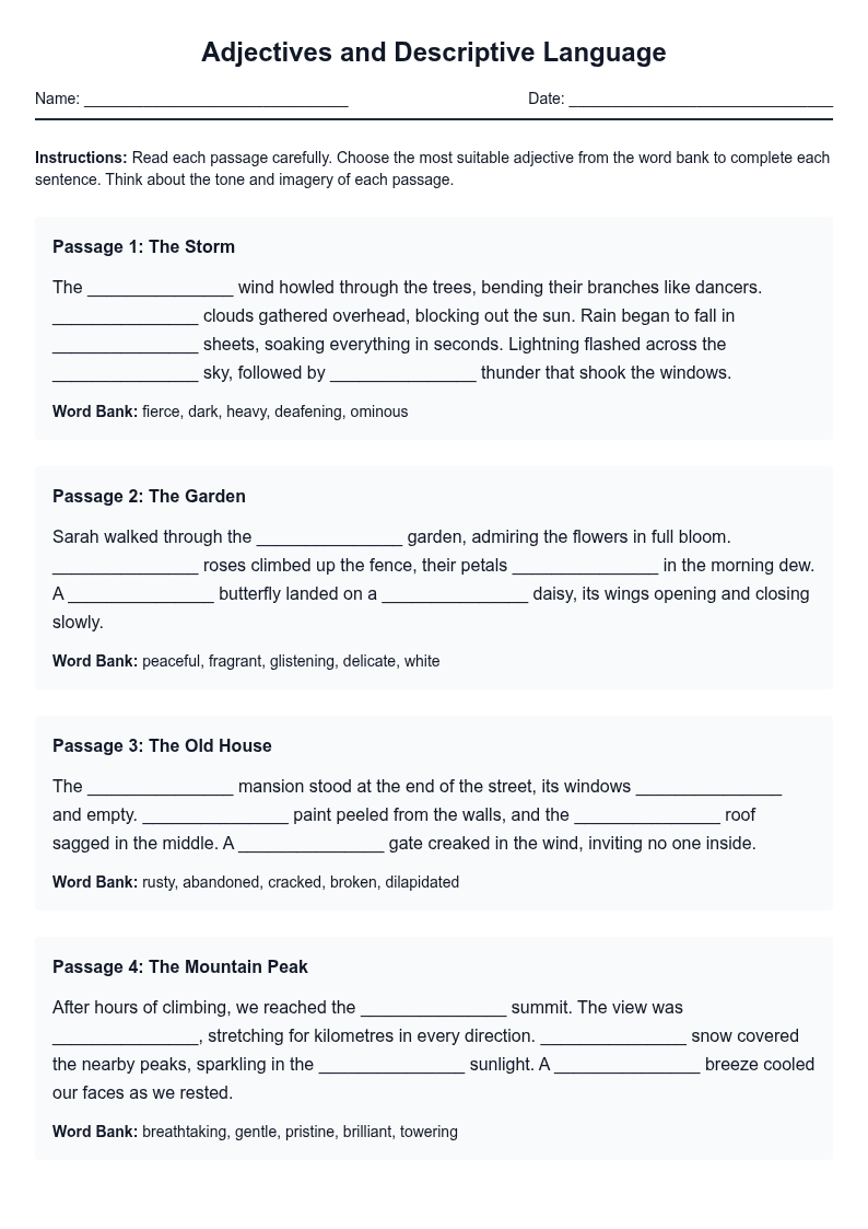 Adjectives and Descriptive Language Cloze Activity