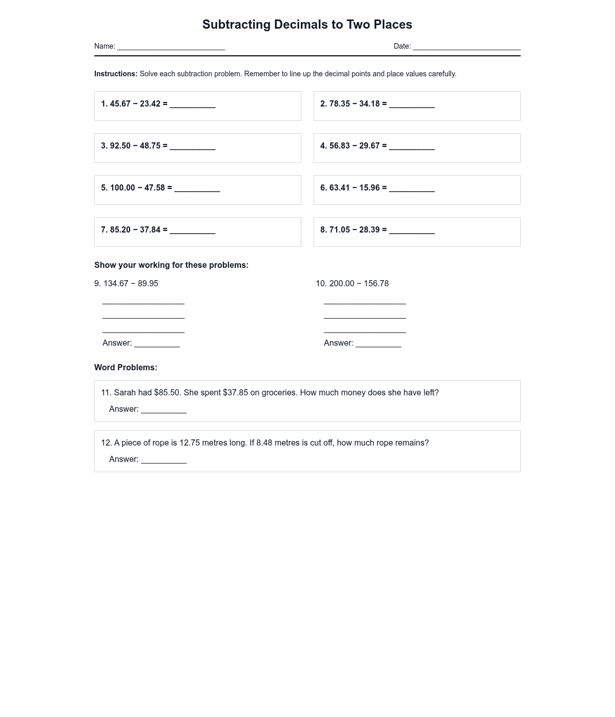 Subtracting Decimals to Two Places