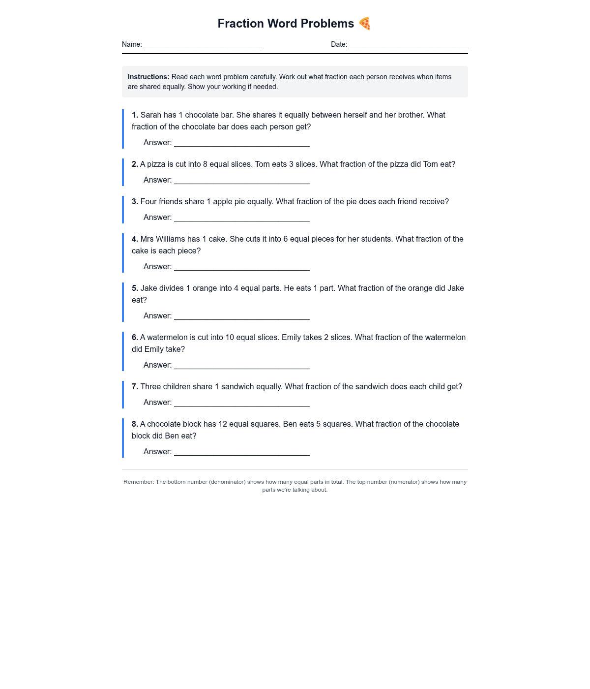Fraction Word Problems - Sharing Equally