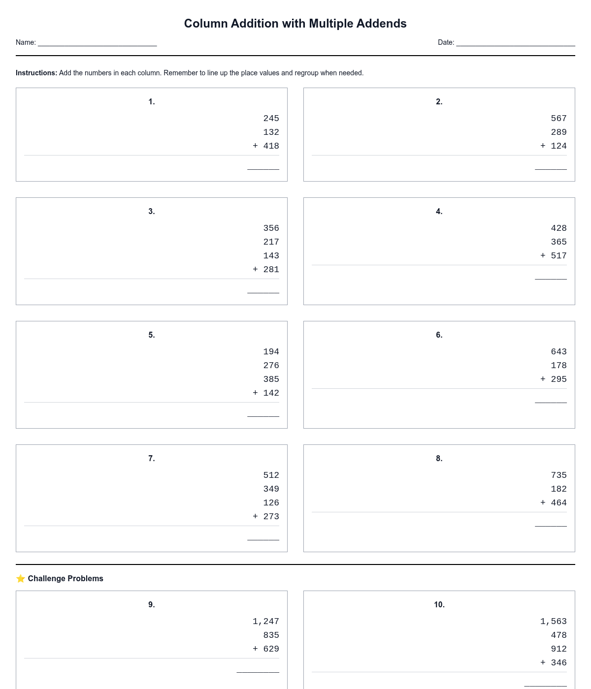 Column Addition with Multiple Addends
