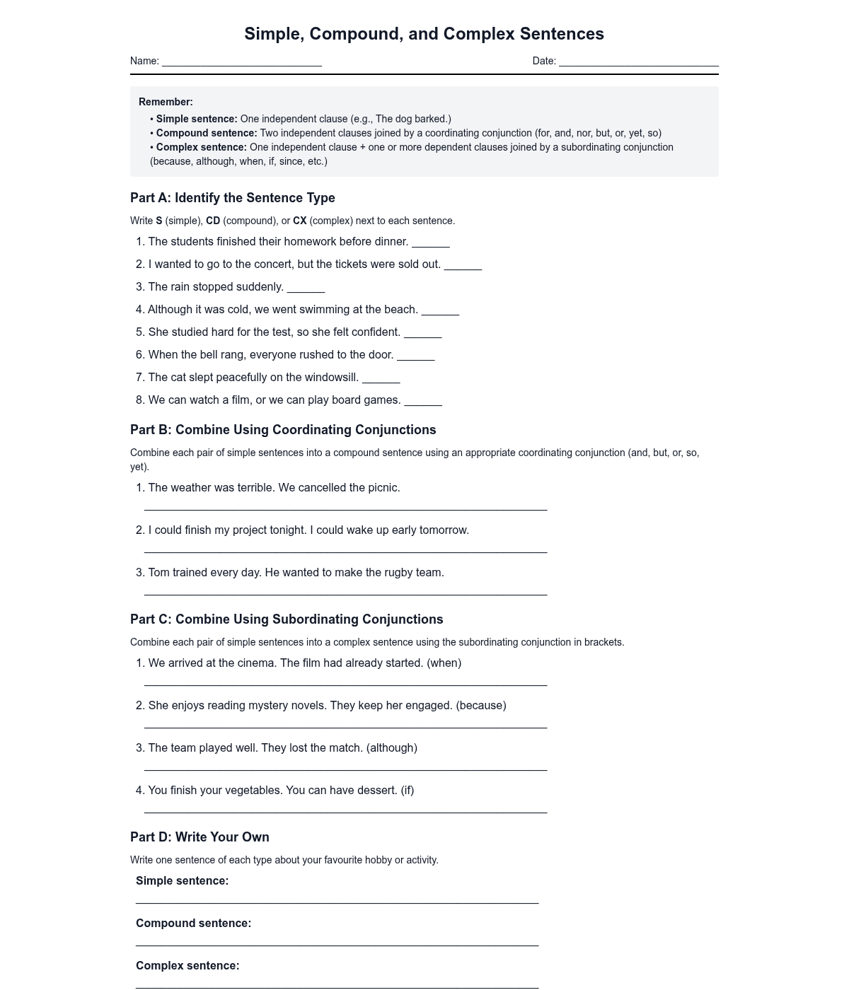 Simple, Compound, and Complex Sentences