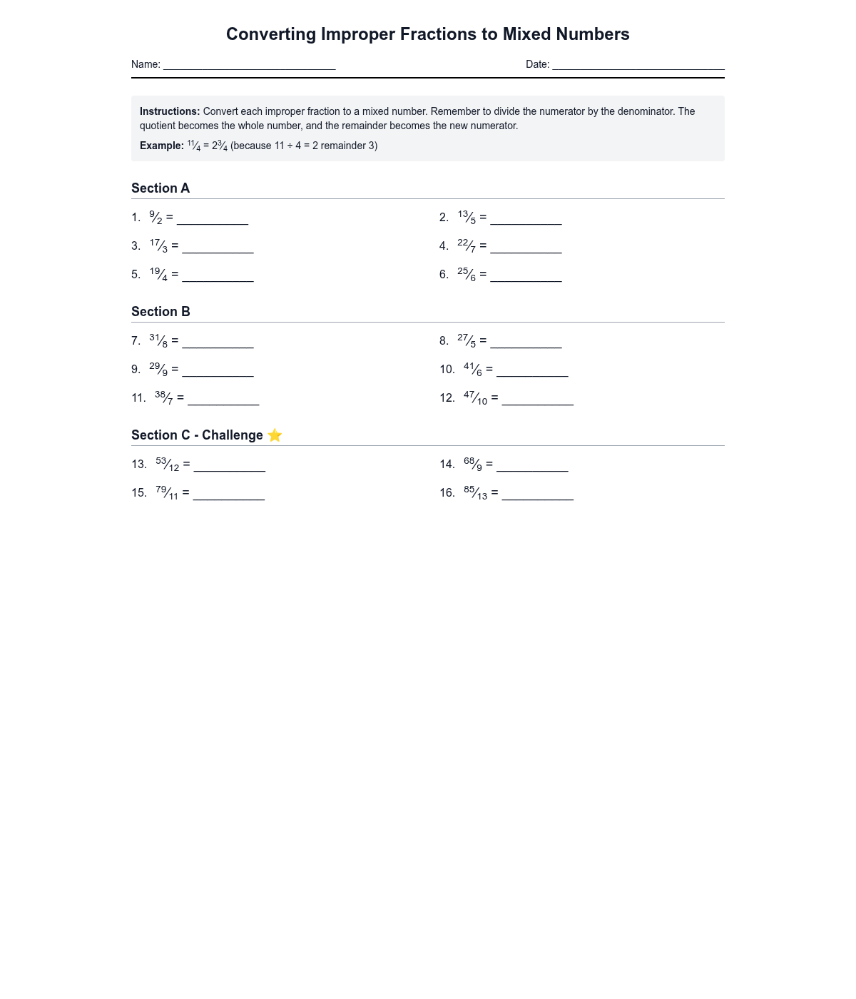 Converting Improper Fractions to Mixed Numbers