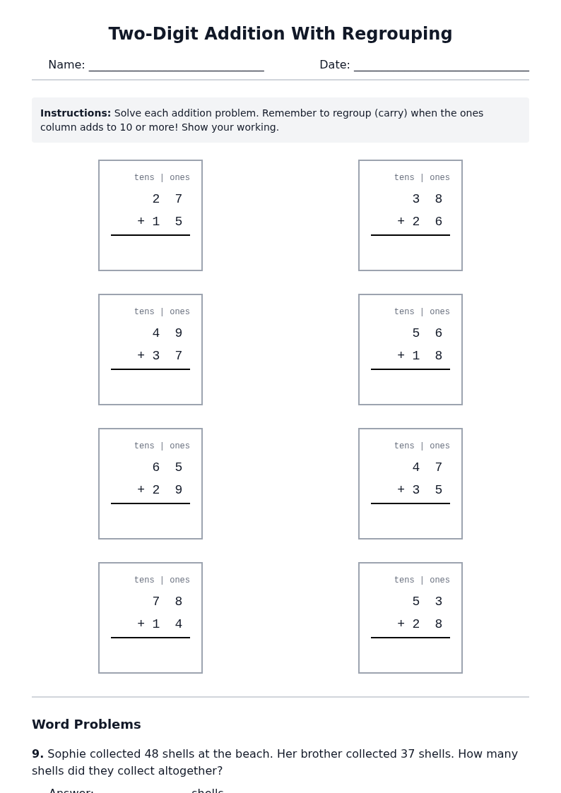 Two-Digit Addition With Regrouping