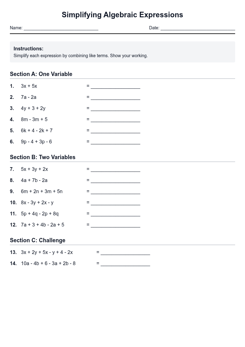 Simplifying Algebraic Expressions