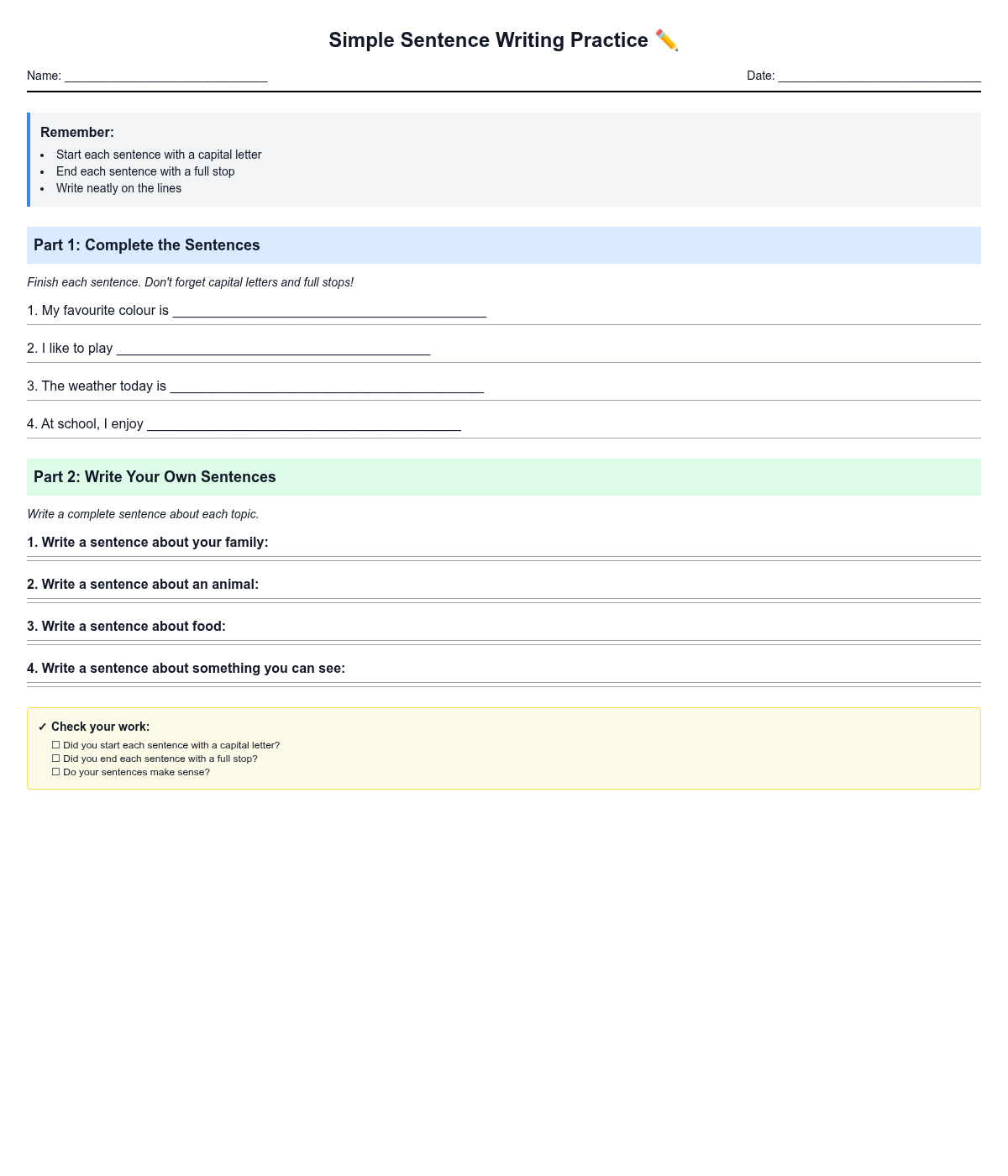 Simple Sentence Writing Practice