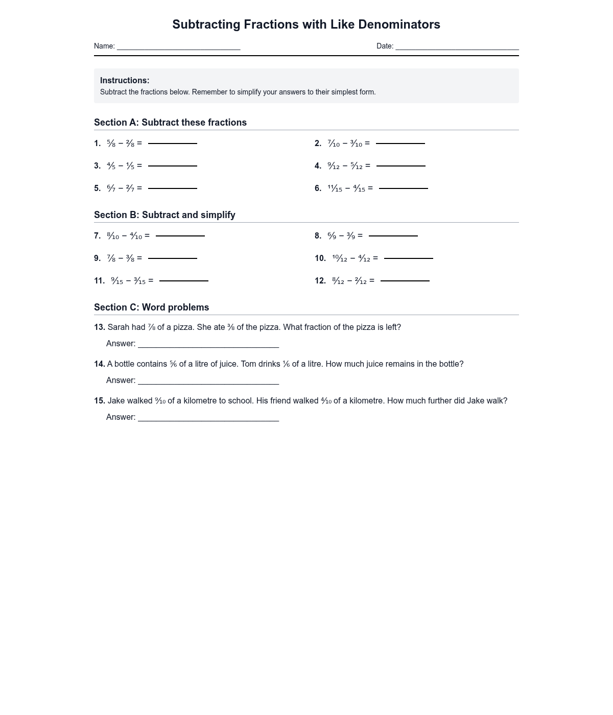 Subtracting Fractions with Like Denominators