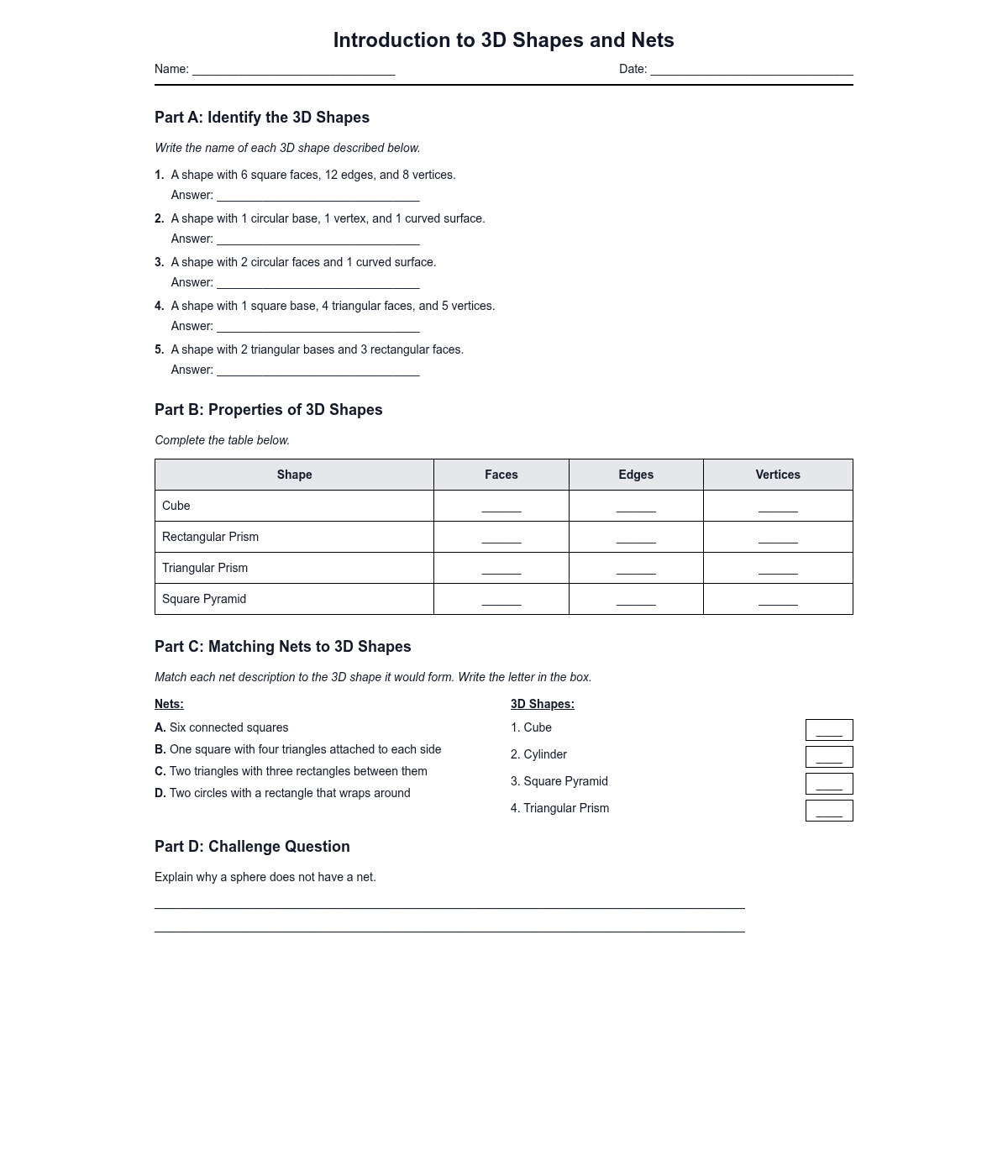 Introduction to 3D Shapes and Nets
