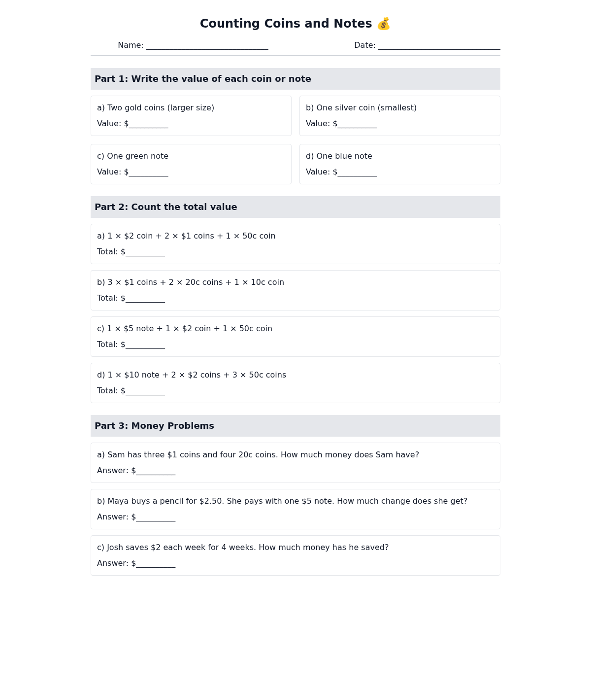 Counting Coins and Notes