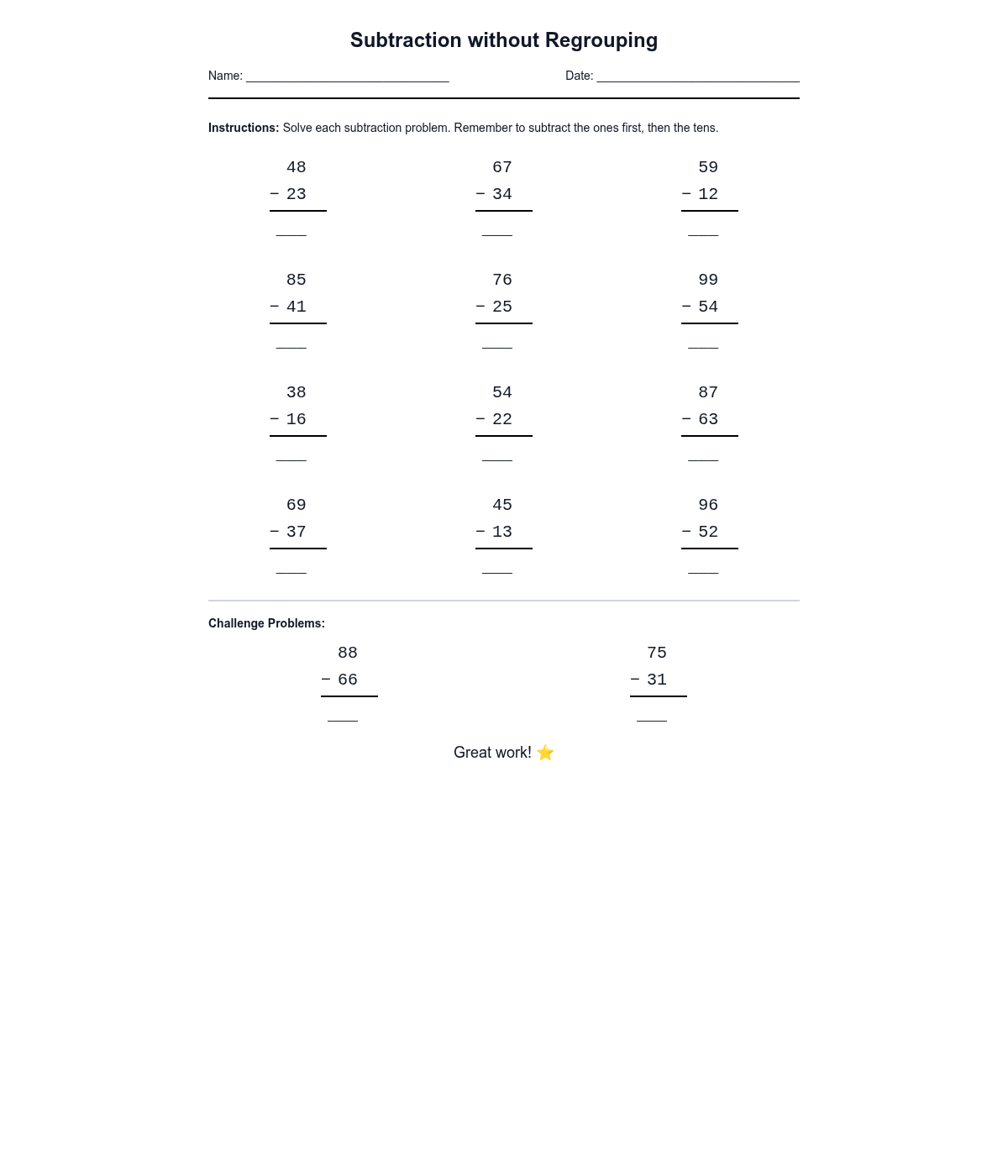Subtraction without Regrouping