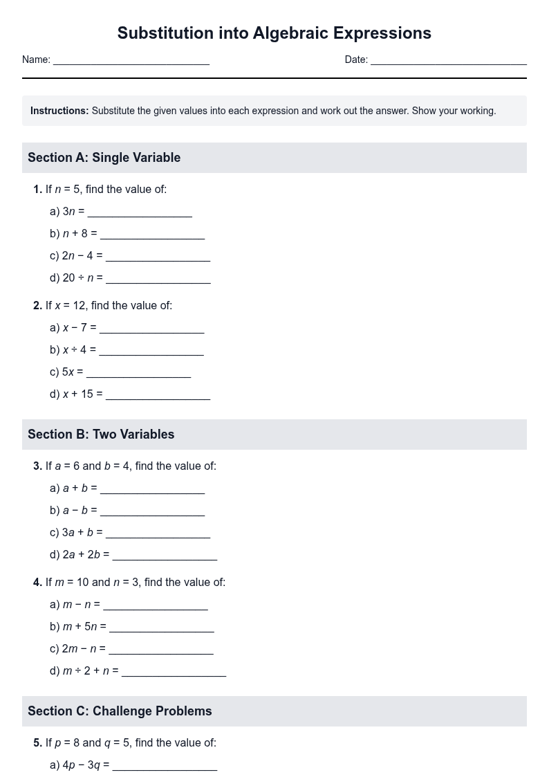 Substitution into Algebraic Expressions