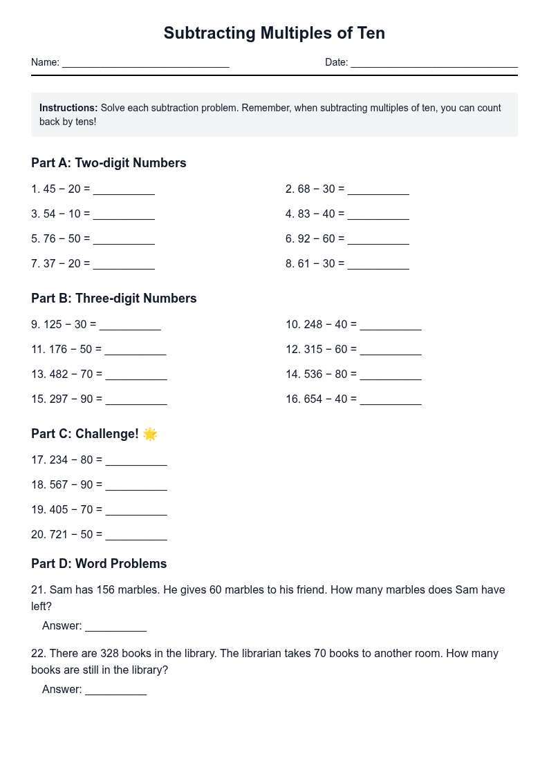 Subtracting Multiples of Ten