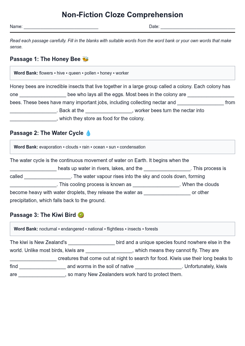 Non-Fiction Cloze Comprehension