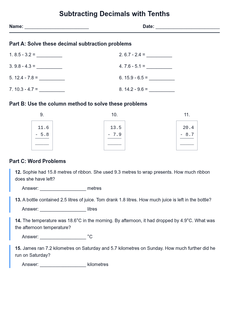 Subtracting Decimals with Tenths