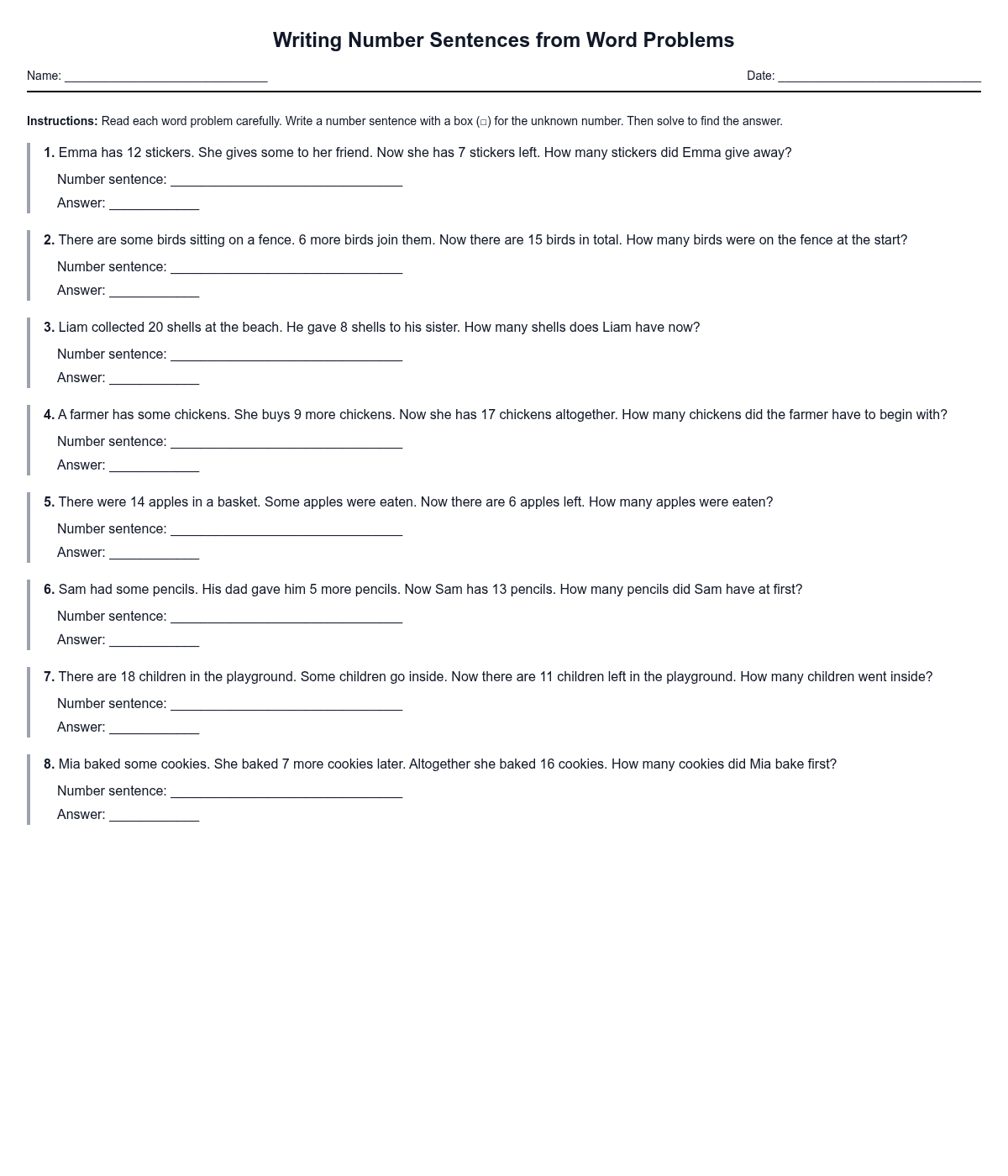 Writing Number Sentences from Word Problems