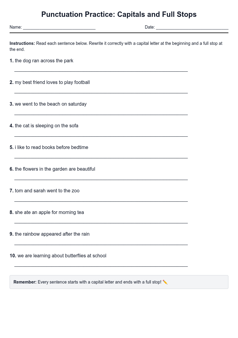 Punctuation Practice: Capitals and Full Stops