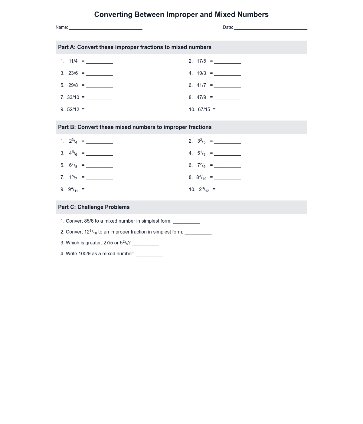 Converting Between Improper and Mixed Numbers