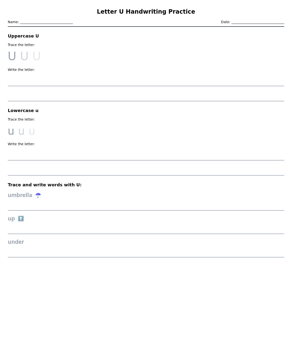 Letter U Handwriting Practice