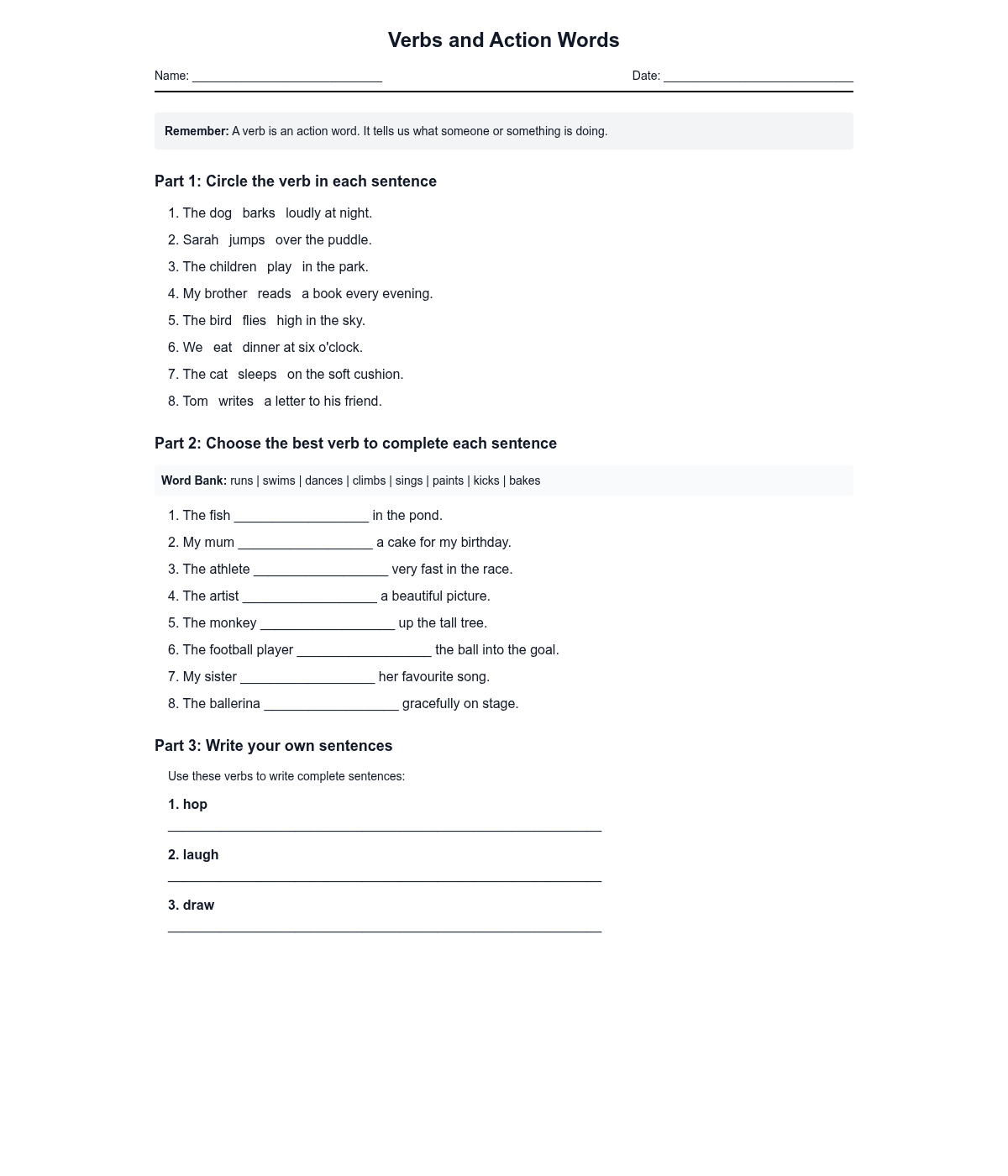 Verbs and Action Words