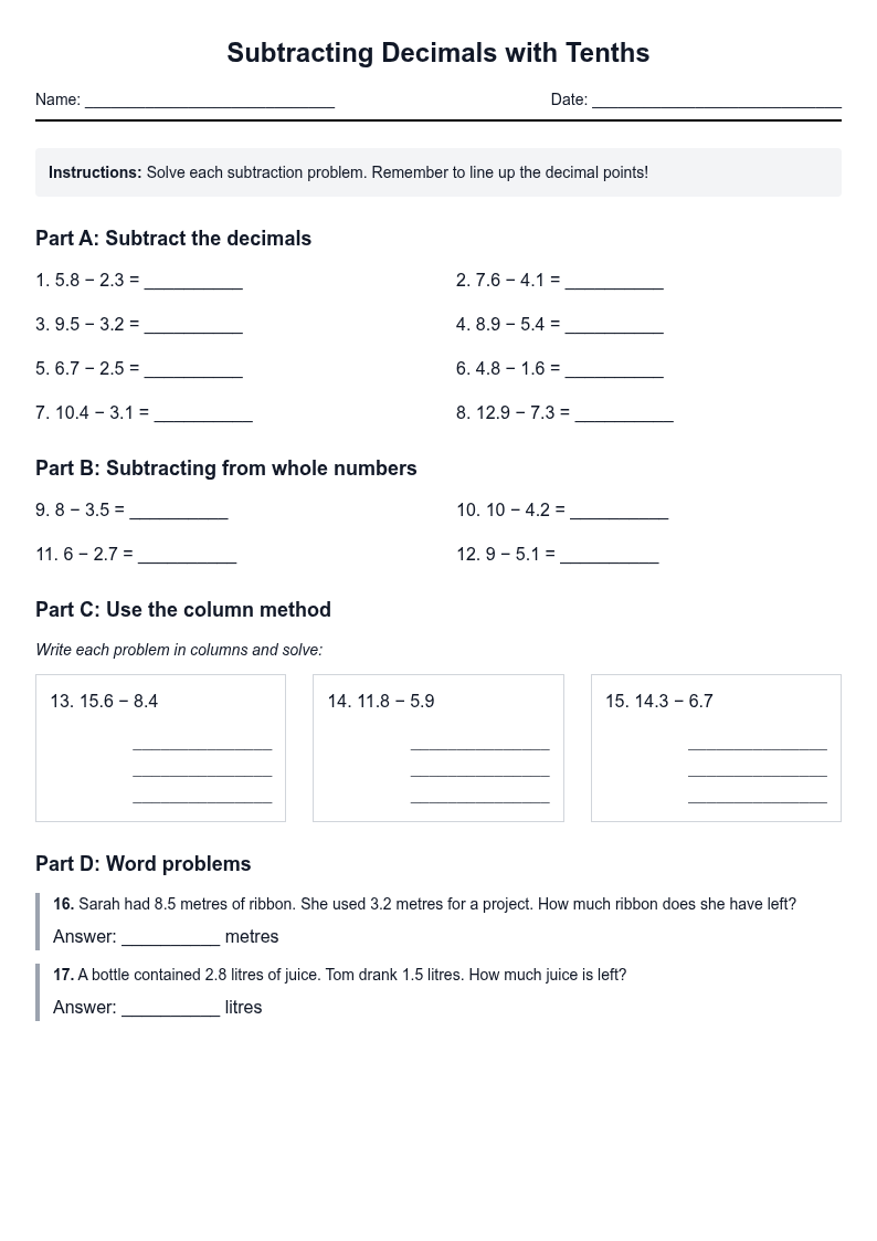 Subtracting Decimals with Tenths