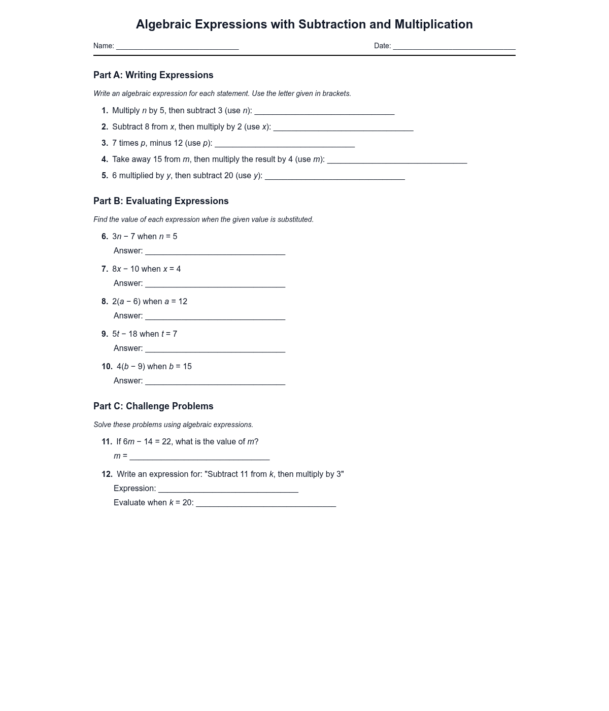 Algebraic Expressions with Subtraction and Multiplication