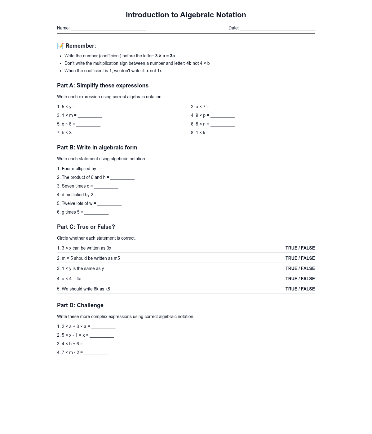 Introduction to Algebraic Notation