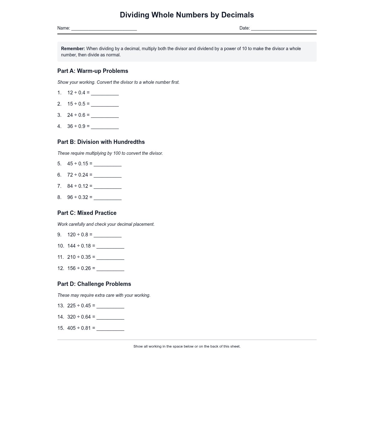 Dividing Whole Numbers by Decimals
