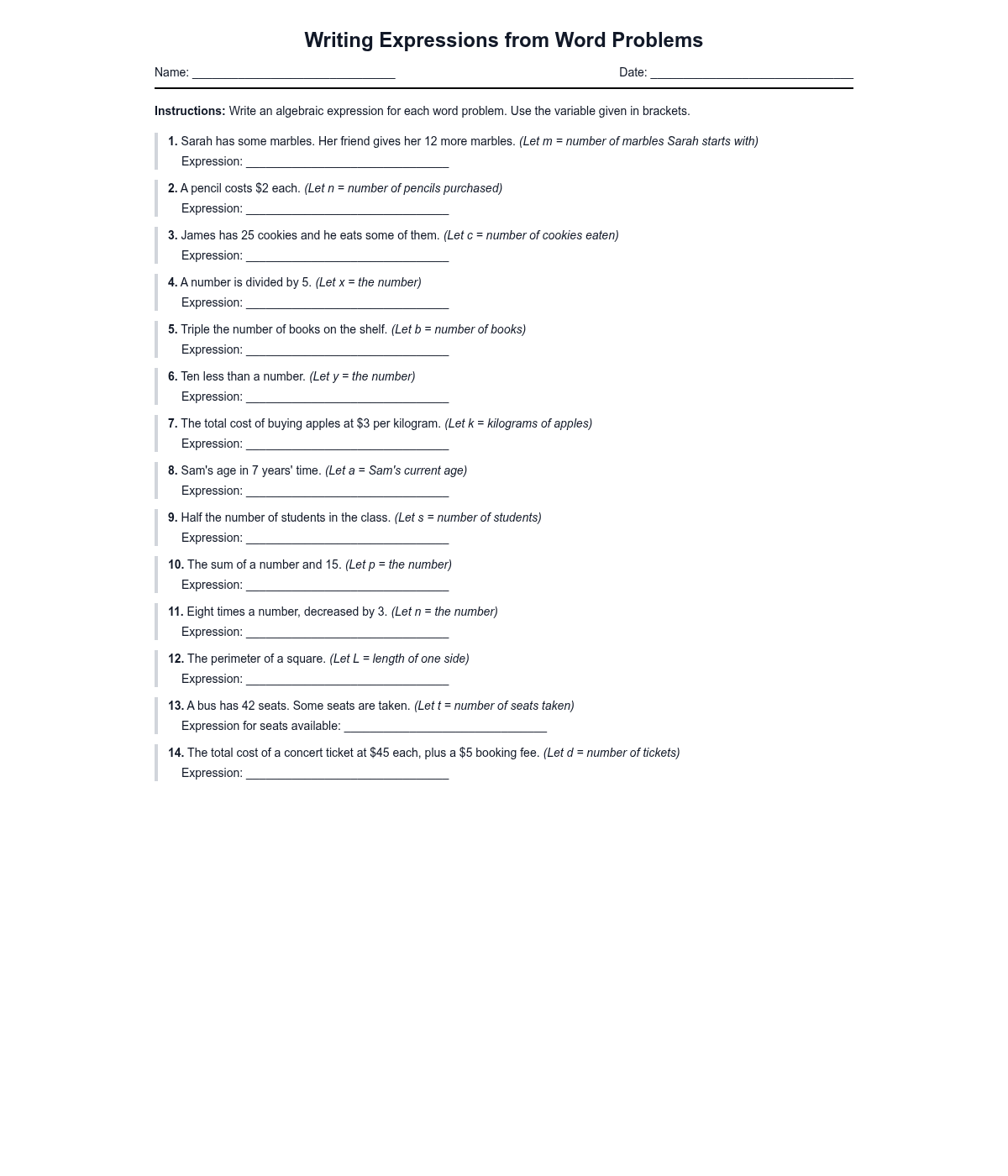 Writing Expressions from Word Problems