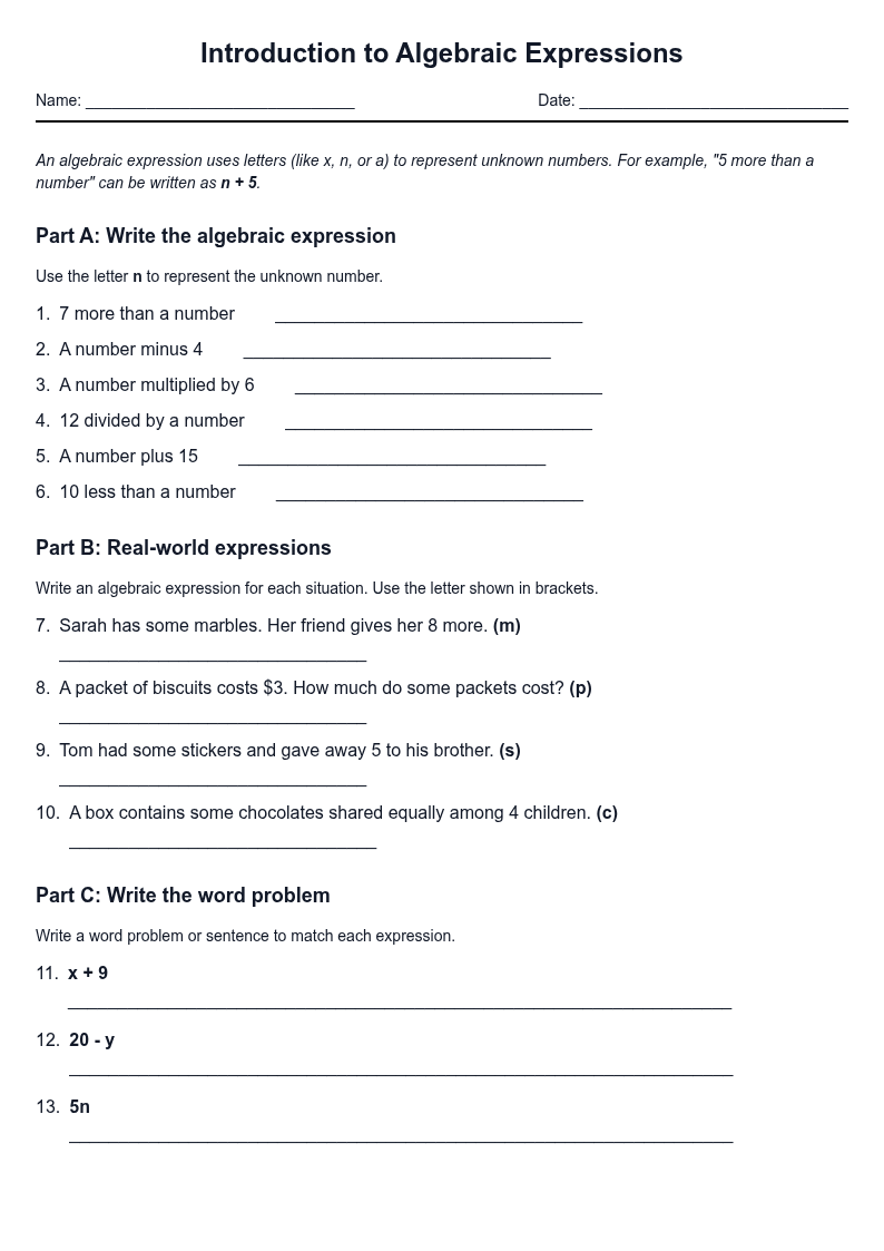 Introduction to Algebraic Expressions