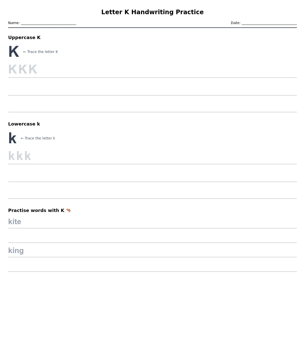 Letter K Handwriting Practice