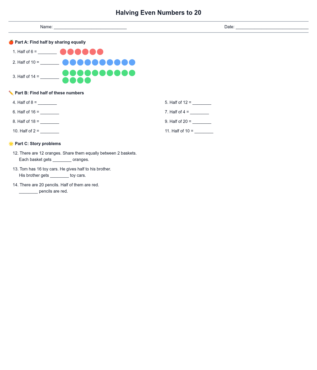 Halving Even Numbers to 20