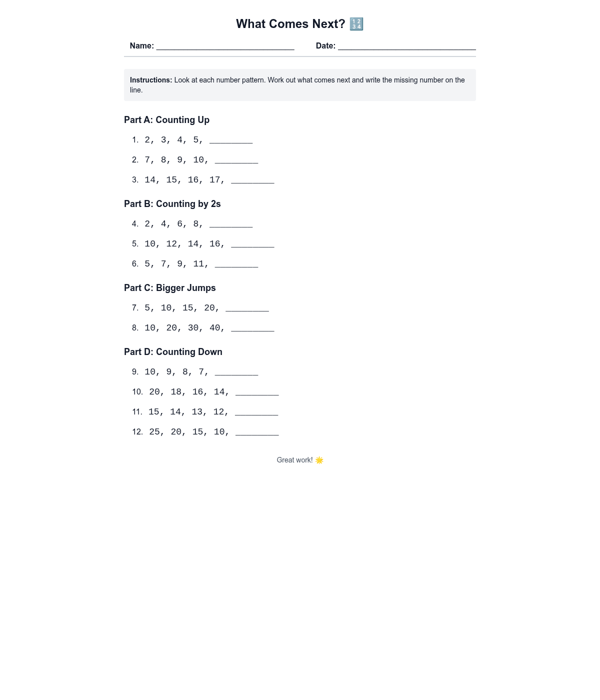 What Comes Next Sequences