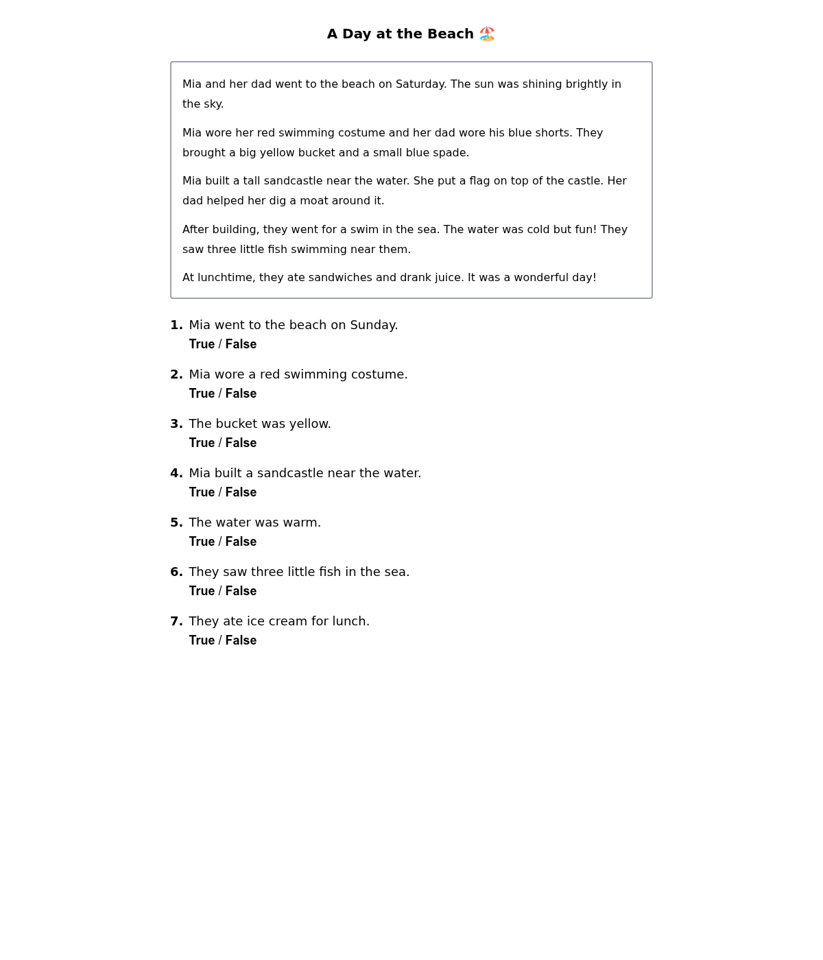 Short Story with True or False