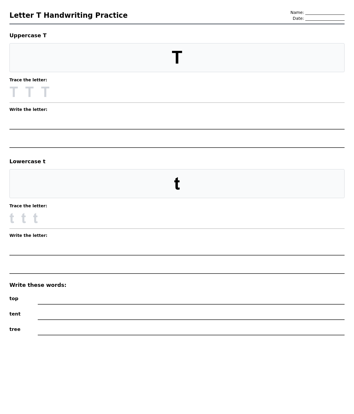 Letter T Handwriting Practice