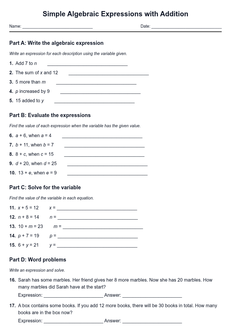 Simple Algebraic Expressions with Addition