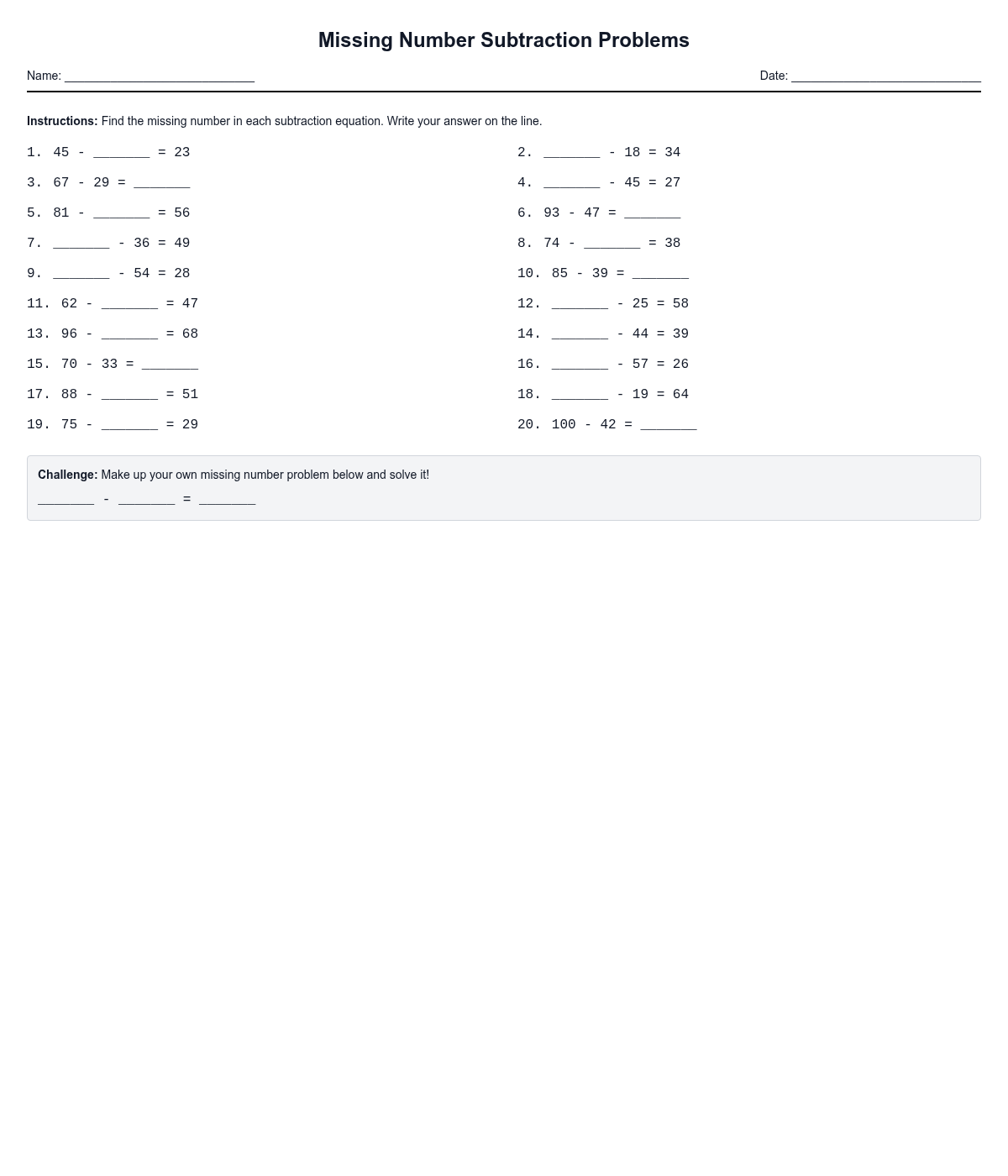 Missing Number Subtraction Problems