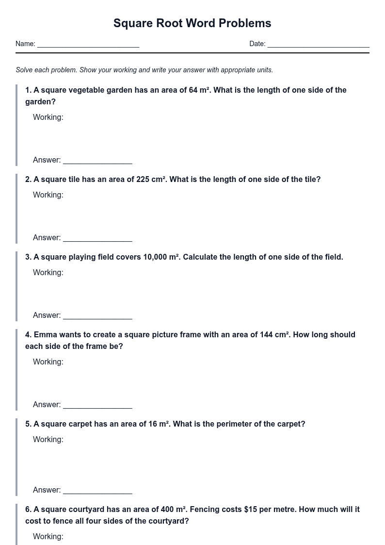 Square Root Word Problems