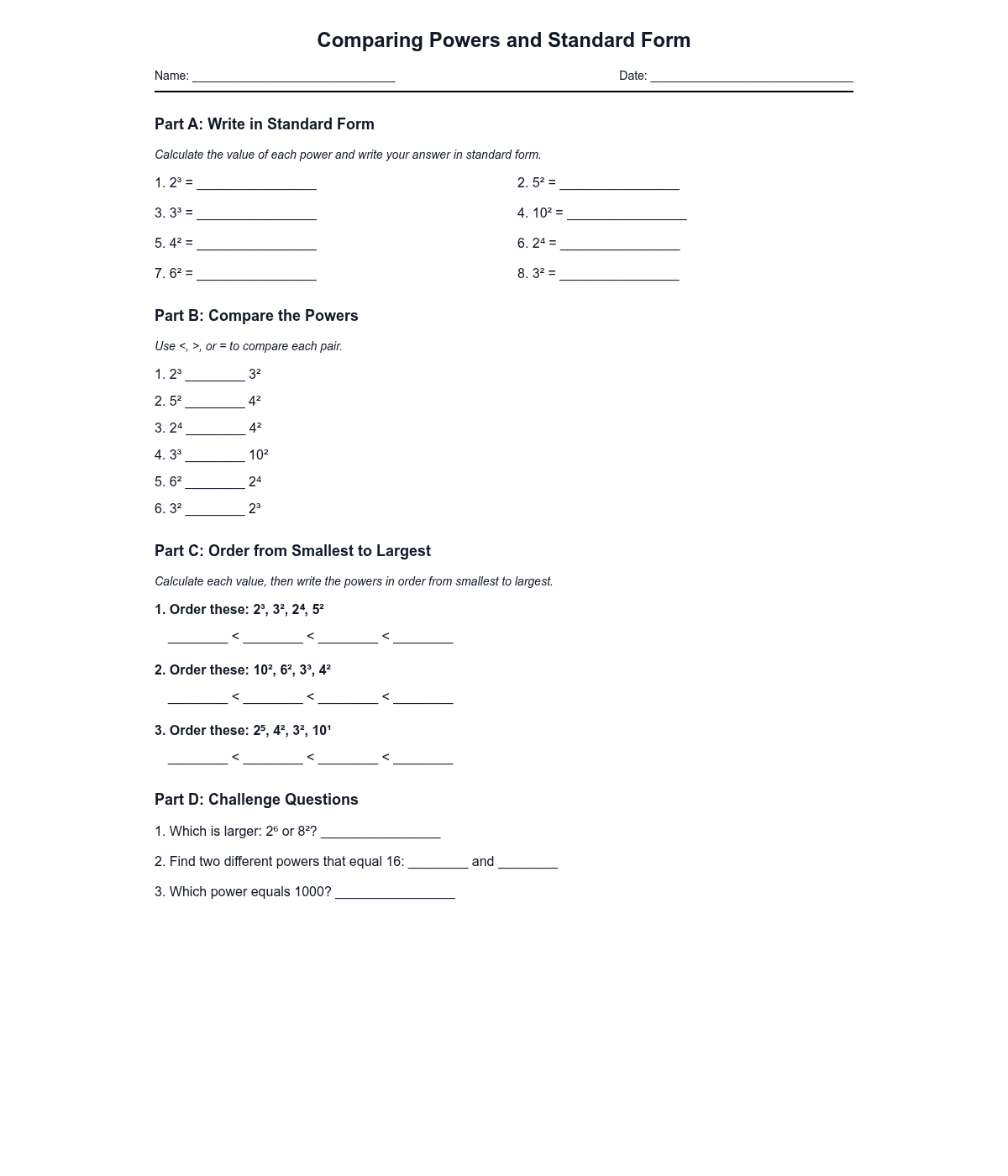 Comparing Powers and Standard Form