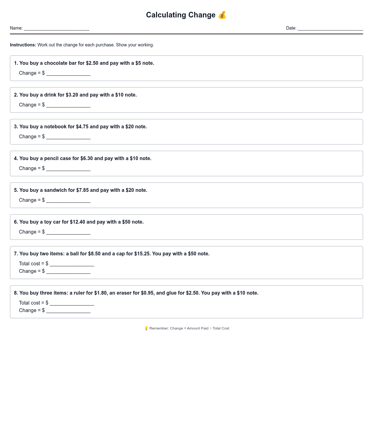 Calculating Change from Purchases