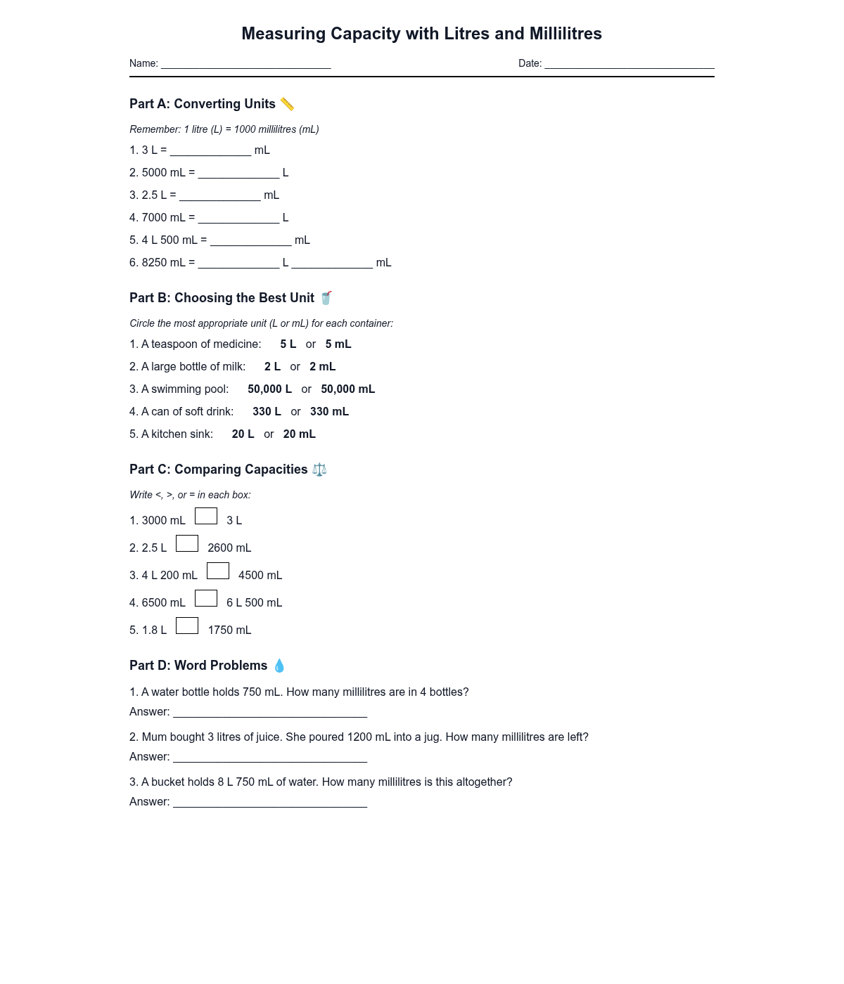 Measuring Capacity with Litres and Millilitres