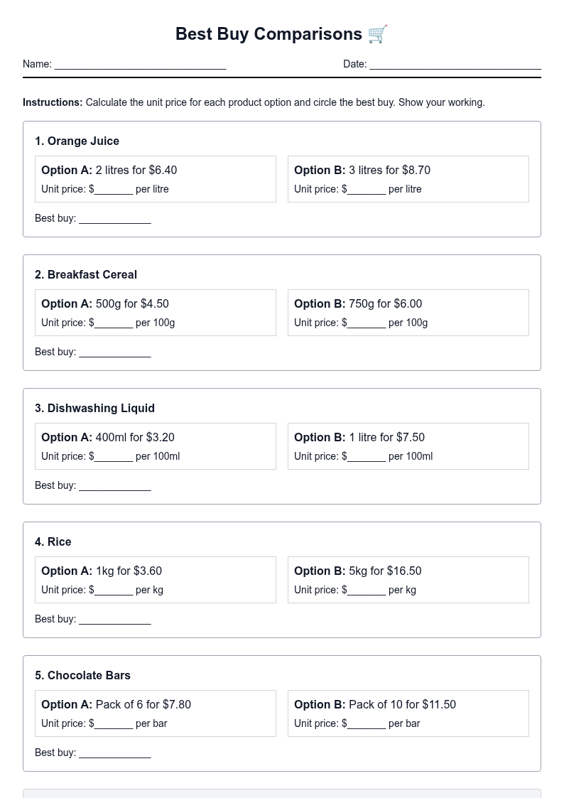 Best Buy Comparisons - Unit Price Worksheet